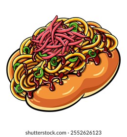 Yakisoba Pan Bread Food Illustration Vetor. Comida japonesa Yakisoba Noodles em um ícone de menu de cachorro-quente. Japão Comida de rua Yakisoba Bun Vetor. Ícone Vetorial Do Noodles Pan (Noodles Dog) Japonês.