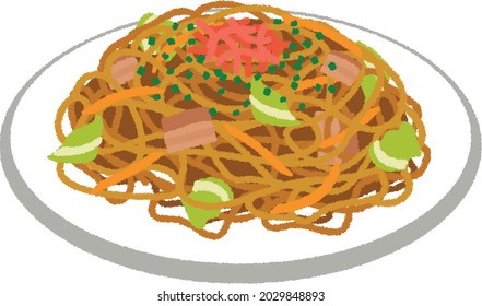 Yakisoba prepared by frying ramen-style noodles with bite-sized pork, vegetables (usually cabbage, onions or carrots) and flavored with Yakisoba sauce, salt and pepper. 