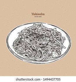 Yakisoba, stir-fried noodle with meat and vegetables. hand draw sketch vector. Japanese food.