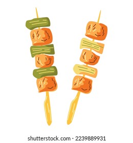 Yakitori chicken on skewers on a white background. Asian food. Vector illustration for restaurants, menus, decor