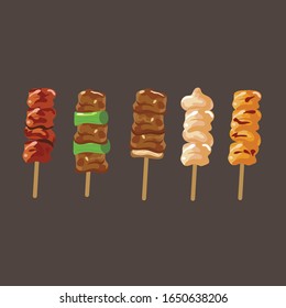 (yakitori) asado japonés de pollo, Ilustración de un conjunto de apetitosos dibujos animados yakitori, carne, carne, pollo, cerdo. comida. Sombrereros a la parrilla sobre palos de madera vector de caricatura.