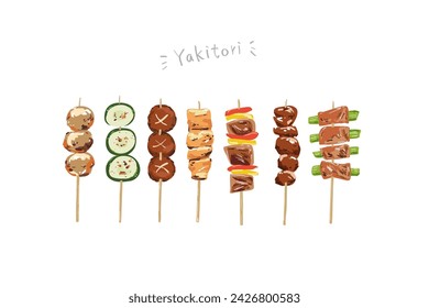 Yakitori, pinchos de pollo asados japoneses, ilustración vectorial.