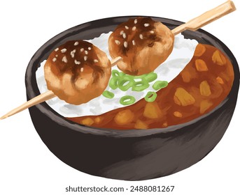 yakitori meatball curry rice bowl painting menu illustration