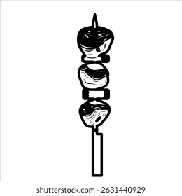 Yakitori Silhouette Icon,Black and white icon of yakitori with grilled skewered chicken pieces.