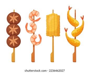 Yakitori Skewers. Comida callejera japonesa. Maíz, camarón, tempura. Ilustración vectorial colorida aislada en fondo blanco.