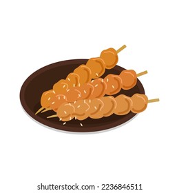 Yakitori with white sesame seeds barbecue chicken on a plate on a white background