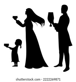 Yakut family silhouette. Father, mother and daughter. Sakha family. Black silhouette isolated vector. Yhyakh celebration. Family from Yakutia or Sakha Republic wearing national costumes. kytyia,choron