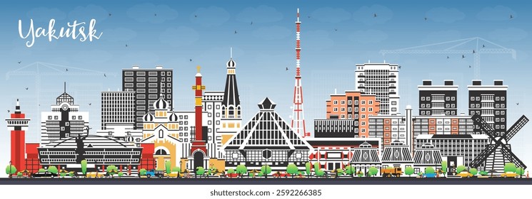 Yakutsk Russia city skyline with color buildings and blue sky. Vector illustration. Yakutsk cityscape with landmarks. Business travel and tourism concept with modern and historic architecture.
