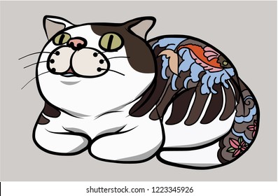 Yakuza Cat With Tattoo.Japanese Cute Cat With Traditional Tattoo.Hand Drawn Cat Vector.