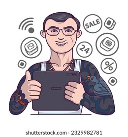 Yakuza character look at application for delivery of rolls and sushi on devices. Man order food. Concept of online delivery of Asian food. Flat vector illustration in cartoon style