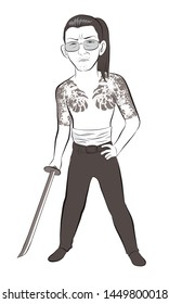 yakuza standing and hold katana. wear glasses. vector illustration isolated cartoon hand drawn tattoo