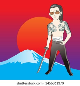 yakuza standing and hold katana. wear glasses. fuji mountain and the sun background. vector illustration isolated cartoon hand drawn tattoo