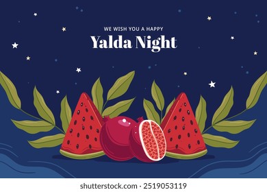 Yalda night background, iranian festival, watermelon slice, pomegranate, hand drawn style