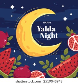 Yalda night illustration, iranian festival, watermelon slice, pomegranate, leaves and crescent moon.