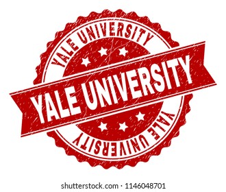 YALE UNIVERSITY seal print with corroded texture. Rubber seal imitation has circle medallion form and contains ribbon. Red vector rubber print of YALE UNIVERSITY text with corroded texture.