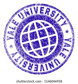 YALE UNIVERSITY stamp imprint with distress texture. Blue vector rubber seal imprint of YALE UNIVERSITY title with grunge texture. Seal has words arranged by circle and planet symbol.
