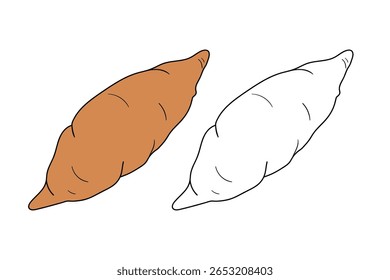 Páginas de coloração de inhame para crianças. Traço e cor Inhame. Cartão flashcard de batata doce para crianças. Atividade divertida coloração de batata doce para jardim de infância e pré-escola.