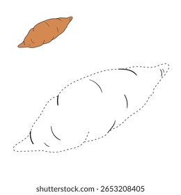 Páginas de coloração de inhame para crianças. Traço e cor Inhame. Cartão flashcard de batata doce para crianças. Atividade divertida coloração de batata doce para jardim de infância e pré-escola.