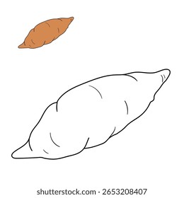 Páginas de coloração de inhame para crianças. Traço e cor Inhame. Cartão flashcard de batata doce para crianças. Atividade divertida coloração de batata doce para jardim de infância e pré-escola.