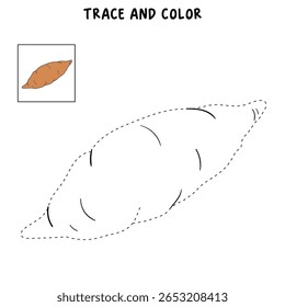 Páginas de coloração de inhame para crianças. Traço e cor Inhame. Cartão flashcard de batata doce para crianças. Atividade divertida coloração de batata doce para jardim de infância e pré-escola.