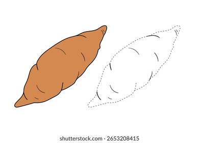 Páginas de coloração de inhame para crianças. Traço e cor Inhame. Cartão flashcard de batata doce para crianças. Atividade divertida coloração de batata doce para jardim de infância e pré-escola.