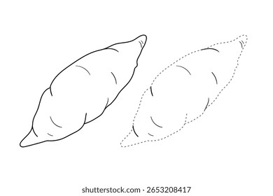Páginas de coloração de inhame para crianças. Traço e cor Inhame. Cartão flashcard de batata doce para crianças. Atividade divertida coloração de batata doce para jardim de infância e pré-escola.