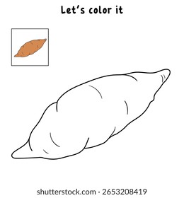 Páginas de coloração de inhame para crianças. Traço e cor Inhame. Cartão flashcard de batata doce para crianças. Atividade divertida coloração de batata doce para jardim de infância e pré-escola.
