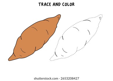 Páginas de coloração de inhame para crianças. Traço e cor Inhame. Cartão flashcard de batata doce para crianças. Atividade divertida coloração de batata doce para jardim de infância e pré-escola.