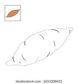 Páginas de coloração de inhame para crianças. Traço e cor Inhame. Cartão flashcard de batata doce para crianças. Atividade divertida coloração de batata doce para jardim de infância e pré-escola.
