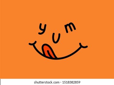 Yam type. Yummy smile emoji with tongue licking sweet mouth. Printable graphic tee. Doodle face line vector illustration. Cartoon style.