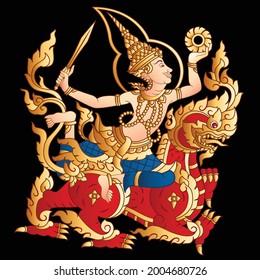 Yama God of death isolated on black background. Thai art Graphic vector 