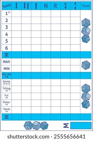 Yamb Printable Sheet in Blue Colour, Isolated on The White Background 