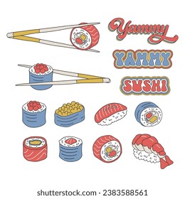 Yammi sushi rolls chopstick traditional asian japanese cuisine vector illustration isolated on white. Groovy food print.
