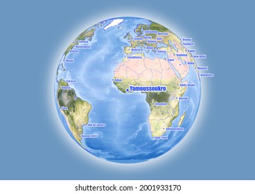 Yamoussoukro-Ivory Coast is shown on vector globe map. The map shows Yamoussoukro-Ivory Coast 's location in the world.
