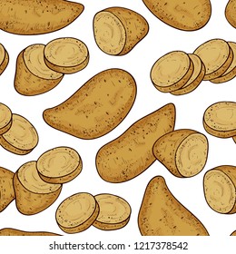 Yams. Tuber, slice. Background, wallpaper, texture, seamless. Sketch. Color.