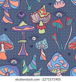 Yand drawn Magic mushrooms vector seamless pattern. 60s hippie and boho texture background. Ttrippy wallpaper.
