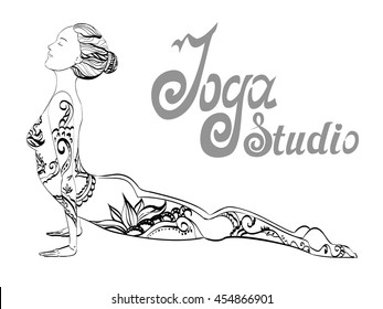 Yang beautiful woman  in a up dog pose (Urdhva Mukha Svanasana). Ornate yoga silhouette. Geometric element hand drawn. Vector hand drown illustration. Meditation and yoga studio concept. 