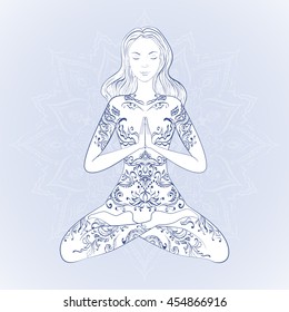 Yang beautiful woman sitting in a lotus pose. Ornate yoga silhouette. Geometric element hand drawn. Mandala background. Vector hand drown illustration. Meditation  and yoga studio concept. 