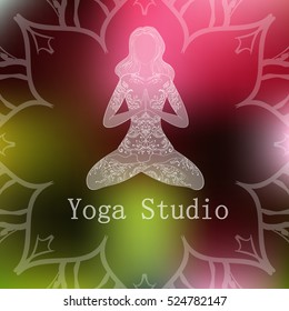 Yang beautiful woman sitting in a lotus pose. Ornate yoga silhouette. Geometric element hand drawn. Vector hand drown illustration. Meditation  and pilates studio concept.