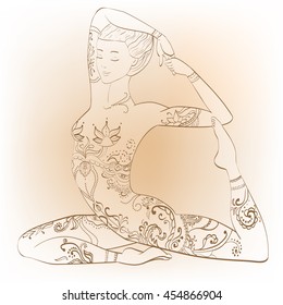 Yang beautiful woman sitting in a  pigeon pose . Ornate yoga silhouette. Geometric element hand drawn. Vector hand drown illustration. Meditation and yoga studio concept. 
