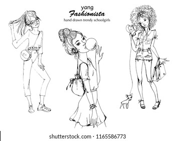 Yang fashion schoolgirls in trendy clothes. Hand drawn female illustration in fashion sketch style. Set with 3 girls.