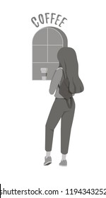 Yang girl in casual clothes, with bag buying coffee to go, Girl in urban style with coffee take away. Flat vector illustration.