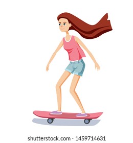 Yang girl riding skateboard.  Character design. Vector illustration isolated on white background.