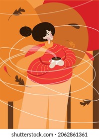 Yang girl stay at autumn forest with cup of hot coffee or tea. Girl with orange scarf, beige pants and brown hair. Windy weather and the leaves fly in the wind. October and November illustration.