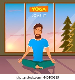 The yang man doing yoga,  meditates in the Lotus position in room against the sunset sky.Vector illustration in cartoon flat style
