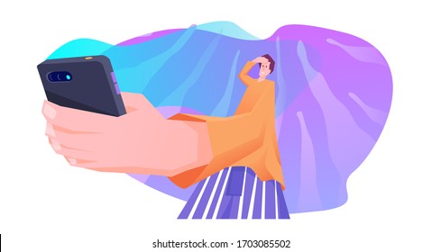 A yang man holding his phone with scared look. Man stressing out looking at his phone vector illustration. High perspective drawing. Man got bad news message.Vector illustration for website, banner.