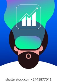 Yang man observes the development of trends in virtual reality glasses. Flat vector illustration.