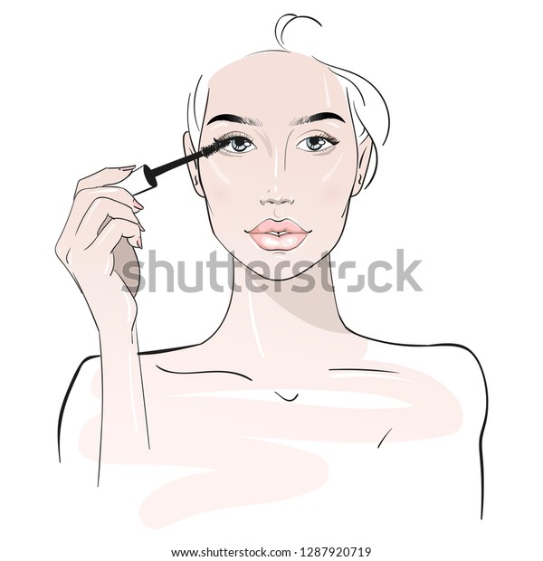 Yang Woman Apply Mascara Long Lashes Stock Vector Royalty