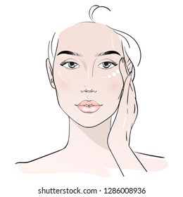 Yang woman applying eye cream. Skin care routine. Fashion woman sketch. Spa beauty concept. Hand drawn vector illustration. 