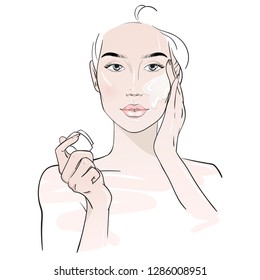 Yang woman applying face cream. Skin care routine. Fashion woman sketch. Spa beauty concept. Hand drawn vector illustration. 